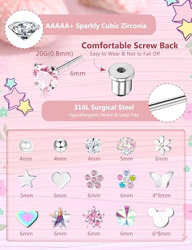 Image of CASSIECA 16 Pairs Hypoallergenic Screw Back Earrings for Women Girls 316L Stainless Steel CZ Ball Heart Flower Screwback Flat Back Stud Earrings Jewelry Gift Women Multicolored Pink