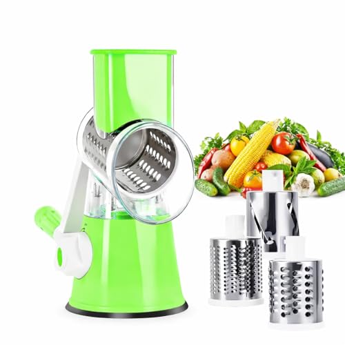 Daily-Max MAX-6083 Taglia Verdure Manuale a Manovella 3 in 1 con 3 Lame a Tamburo in Acciaio Inox, Mandolina e Grattugia con Ventosa Antiscivolo e Spingi-Cibo per Patate, Carote, Zucchine e Formaggio