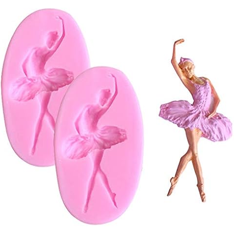 DUBENS Pack of 2 3D Silicone Dancing Ballet Girl Shape DIY Mould Handmade Soap Chocolate Sugarcaft Candy Fondant Baking Mould Cake Decorating Tools Pink Cover