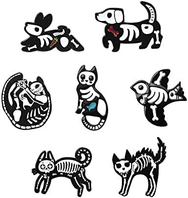 7pcs Halloween Decorations Animal Skeleton Novelty Brooch Enamel Pins Set Cat Dog Bird Badges Pins Backpack Decoration for Women Boys Girls Men Bag Jackets Hats