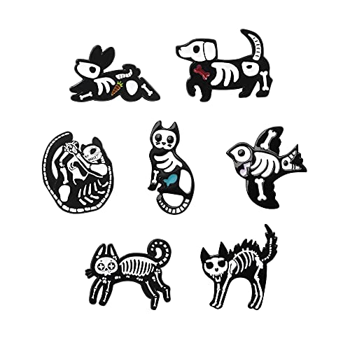 7Pcs Halloween Decorations Animal Skeleton Novelty Brooch Enamel Pins Set Cat Dog Bird Badges Pins Backpack Decoration For Women Boys Girls Men Bag Jackets Hats #TOP3