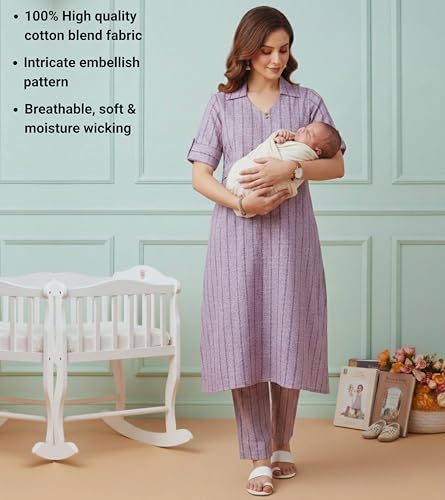 Image of DUMMY SHAPE Feeding Dresses for Women Full Set | Cotton Blend Maternity Kurta Pant Suit with Dual Nursing Zippers, Side Pocket to Pre & Post Pregnancy | Mom to Be Gifts