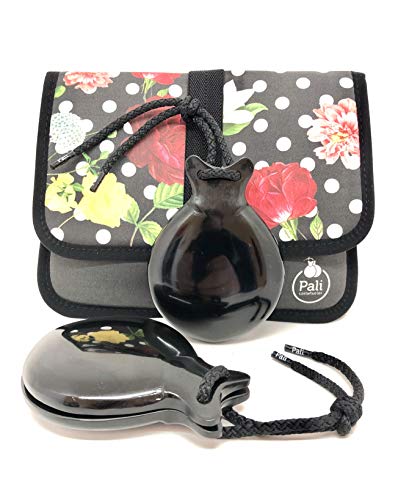 Castañuelas PALI Modelo TABLAO en Fibra negra con DOBLE CAJA. Conservatorio (Funda Flores y Lunares) Cover
