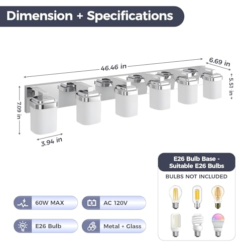 Image of 45 Inches Bathroom Vanity Light, 6-Light Chrome Bathroom Light Fixtures Over Mirror, Bathroom Light Shower Lamp with Milky White Square Glass Shade, Modern Farmhouse Lighting Fixtures