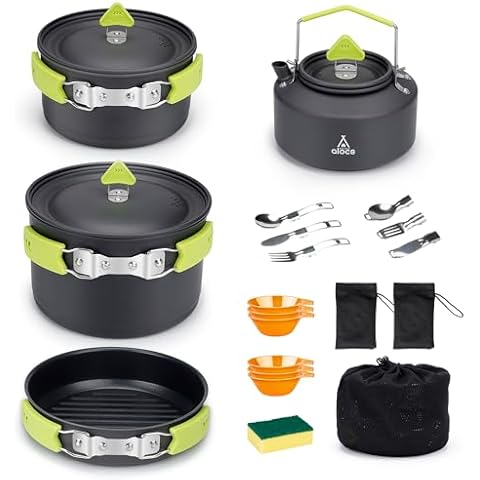 Alocs Camping Cookware, Non-Stick Large Camping Cooking Set with Kettle, Camp Kitchen Camper Must Haves for Outdoor Camping Hiking Picnic Cover