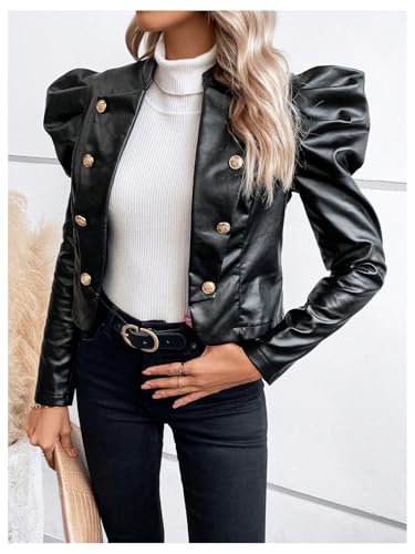 MakeMeChic Women's Open Front Gigot Long Sleeve Leather Jacket Button Decor Blazer Jackets3