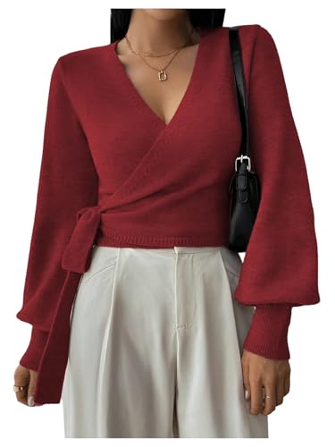 SOLY HUX Women's Long Sleeve V Neck Wrap Belted Sweater