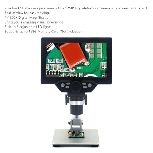 7-calowy Mikroskop Cyfrowy LCD, Powiększenie 1200X, Mikroskop Lutowniczy z Ogniskowaniem 12 MP, 8 Regulowanych Diod LED, Mikroskop 1080P do Lutowania Płytek Drukowanych na Monety