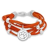 FTH Clemson Tigers Women’s Bracelet, Leather Cord Bracelet with Silver Beads and Team Logo Charm, Officially Licensed NCAA Women’s Jewelry, 7.5 Inch