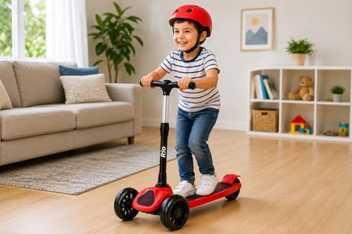 Image of MiniExplorer Rio Kids Kick Scooter for Boys & Girls 3-12 Years - Red | Adjustable Height Foldable Scooter with Rear Brake & Anti-Slip Deck | 3 Wheel /2 Wheel Outdoor Scooter for Kids