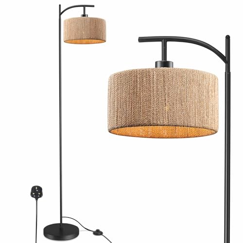 IC INSTANT COACH Floor Lamp for Living Room Farmhouse Rattan Standing Lamp, Industrial Black Handmade Floor Light, Rustic Boho Tall Pole Lamp for Living Room, Bedroom, Office E27