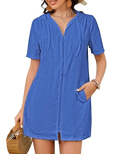 Bsubseach Terry Cloth Badeanzug Cover Up für Frauen Reißverschluss Hooded Bademantel Strand mit Taschen Sommer Blau L