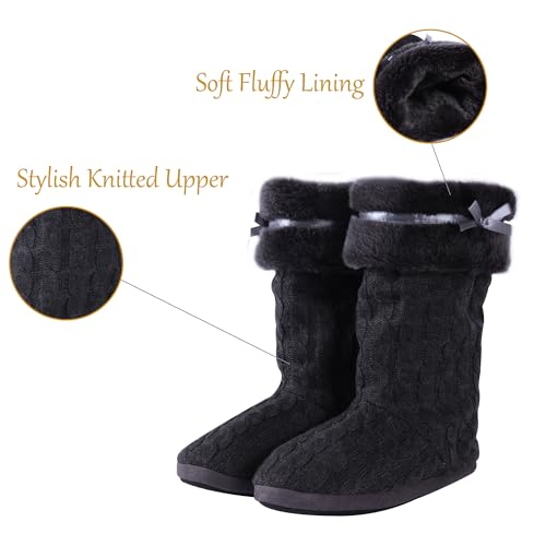 Women's Knit Slippers Indoor Warm Fluffy Home Bootie Slippers Anti-Slip House Shoes with Cute Pom Poms Soft Cozy Ankle Boots for Women3