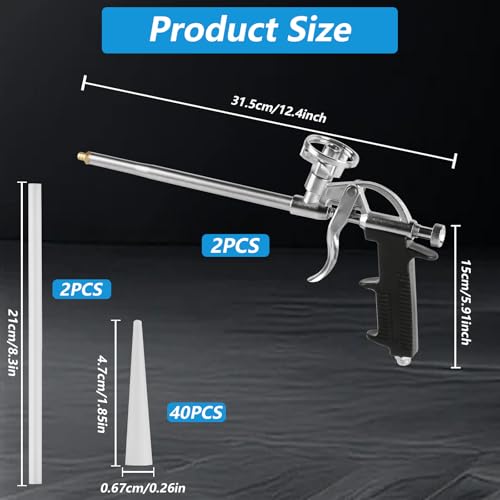 2 Stück PU Schaumpistole Bauschaumpistole, Profi Metall Bauschaum Pistole, Dosierpistole zum Abdichten, Füllen, mit 4 langen Düsen und 40 kurzen Düsen