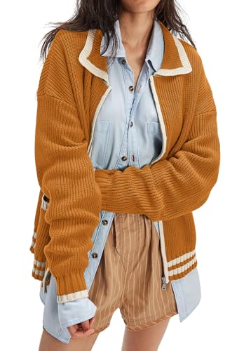 CHARTOU Casual Knit Zip Up Sweater for Women 2025 Fall Outfits Contrast Trim Open Front Cardigan Sweater Outwear Coats