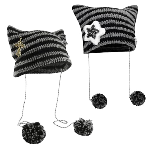 2 Uds Sombreros De Punto con Orejas De Gato, Lindos Sombreros Tipo Jersey con Bolas De Piel, Sombreros A Rayas De Moda para Mujer, Sombreros Cálidos De Invierno, Accesorios Góticos