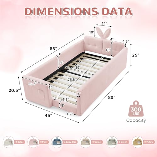 Image of Twin Size Kids Bed with Rabbit Ear Headboard, Upholstered Boucle Fabric Twin Daybed with Slats Support & Side Pockets, Space-Saving Wooden Corner Sofa Couch Bed Frame for Girls, Boys, Teenager(Pink)