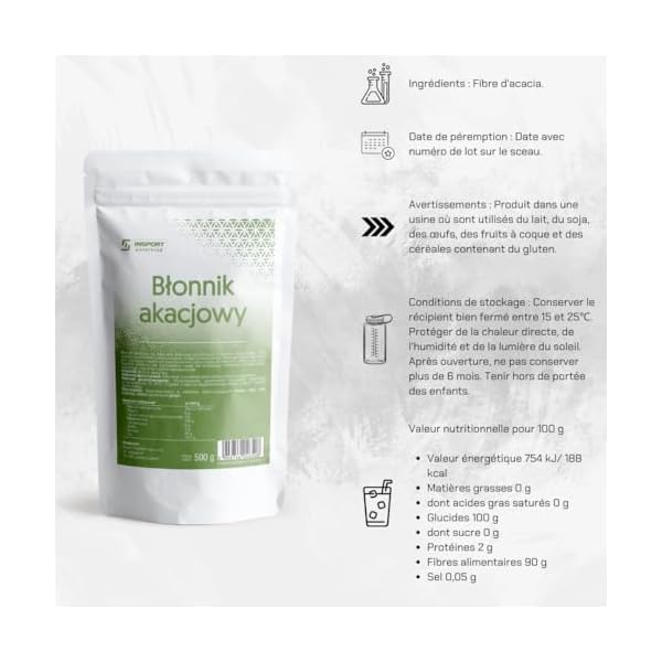 Fibre d'acacia - 90 % de fibres - 500 g Doypack - Perte de poids - Digestion - Végétalien - Sans gluten - Emballage anti-fuite avec fermeture éclair - INSPORT Nutrition