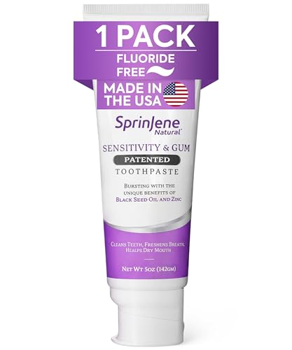 Pasta de dientes SprinJene natural sin flúor mejorada para aliviar la sensibilidad de los dientes y las encías, aliento fresco y ayuda a la boca seca, vegana, sin colorantes y sin SLS, 142 ml