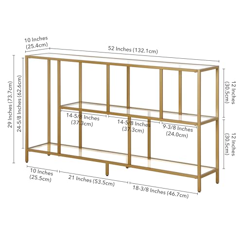 Image of Henn&Hart 52 inch Wide Rectangular Console Table with Glass Shelves in Brass, Entryway Table, Accent Table for Living Room, Hallway