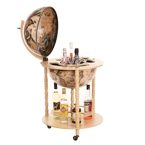 Riesiger Barwagen 45001 mit massiven Eukalyptusholz Säulen in Elfenbeinweiss geöffnet 112 cm hoch beweglich durch Rollen Weltkugel Globusbar Bartisch Hausbar Cocktailbar Dekobar Tischbar