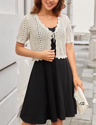 Image of Kate Kasin Women Crochet Shrug Knit Sweater, Short Sleeve Cropped Cardigan | Tie Front Tops Light Weight, Knit Cover Up Arm Bolero For Evening Dresses Dressy Casual, Ladies Eyelet Shawl Thin Formal