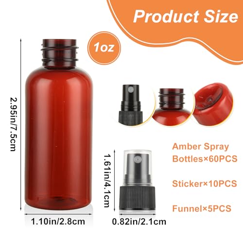 60 Pcs 1 oz Amber Spray Bottles with Sticker and Funnel, Anti-UV Fine Mist Mini Spray Bottles, Refillable Small Spray Bottle Travel Spray Bottle for Essential Oils and Various Liquids2