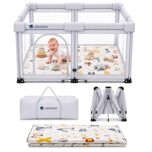 Image of Foldable Baby Playpen with Mat, 50 inchx50 inch, Light Gray
