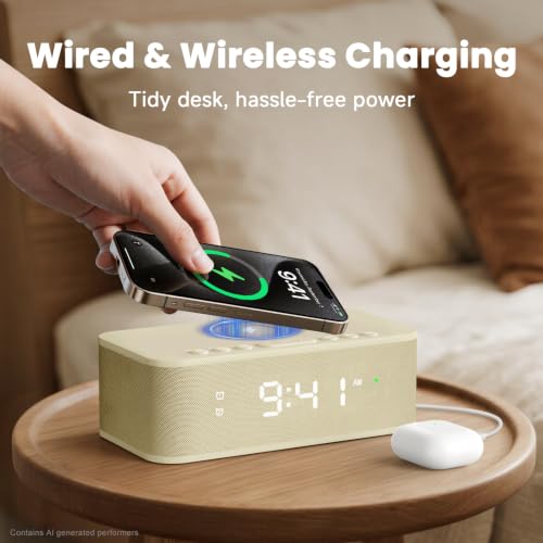 Image of Digital Alarm Clock White Noise, Loud Digital Alarm Clocks Bedrooms, Alarm Clock Speaker Wireless Charger AUX USB Bluetooth Speaker 12 /24H Dual Alarm Snooze Adjustable Brightness, Cream