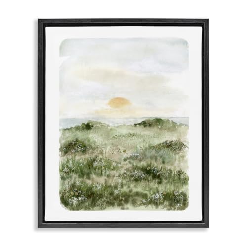 'Grassland Field Sun Peeking Ocean Horizon'| Floating Frame Canvas Art
