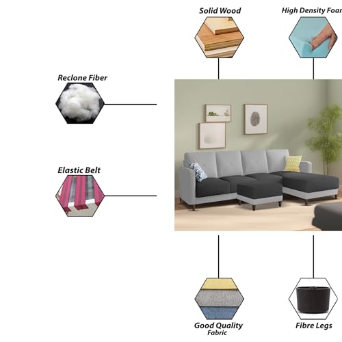 Image of Baloney RHS 6 Seater L Shape Sofa Set with Center Table for Living Room (Black Grey Fabric) Premium Fabric Sofa