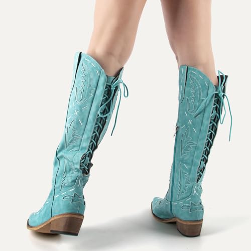 LISHAN Women's Western Boots Back Lace Up Side Zipper Knee High Cowboy Cowgirl Boots3
