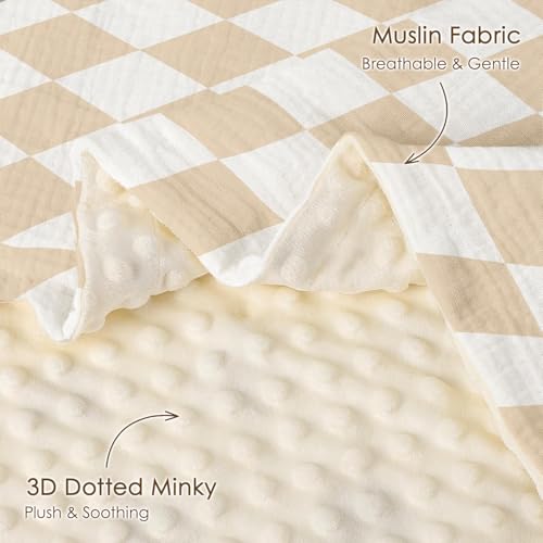 Image of Checkered Baby Blankets for Boys Girls, Soft Nursery Minky Blankets with Muslin and Dotted Fleece Back 30x40 inches, Receiving Bed Quilt for Newborn, Infants, Toddlers