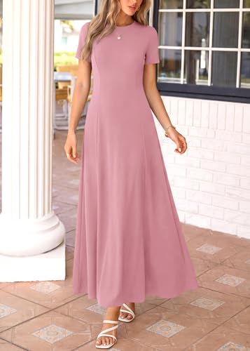 KIRUNDO Wedding Guest Dresses for Women 2026 Spring Summer Short Sleeve Pleated Long Flowy A Line Formal Maxi Dress Pockets(Pink, Small) — view 4