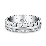 KEQ S925 Sterling Silver Band of Hearts Ring for Women Linked Love Stackable Ring Jewelry Christmas Birthday Gifts for Daughters Mom Sister Wife Friends Grandma Size 6-8