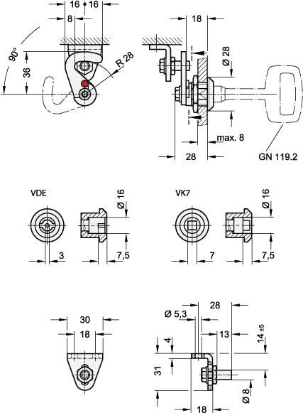 Ganter Normelemente GN 115.8-VK7-18-H1-SW-2 Hook Lock Actuation, Vk7: Assignment with Socket Wrench - Image 2