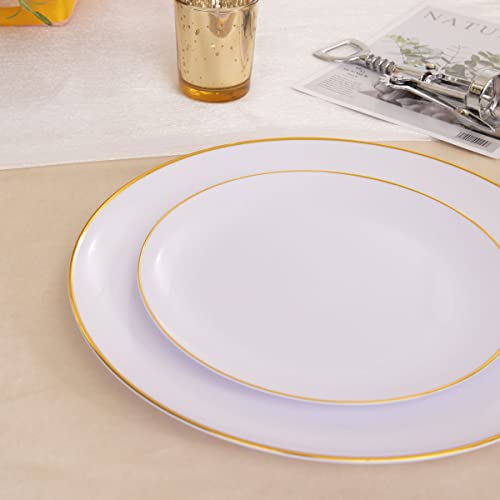 KIRE 60PCS Gold Plastic Plates - Thanksgiving Heavy Duty White Disposable Plates with Gold Rim for Party/Wedding- Include 30Pieces 10.25inch Dinner Plate and 30Pcs 7.5inch Dessert Plate