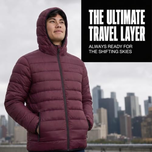 Image of Spyder Puffer Jacket Men - Packable Lightweight Quilted Hooded Winter Coat | Soft-touch insulation, packs into inner zip pocket, reversed coil zipper, zippered hand pockets