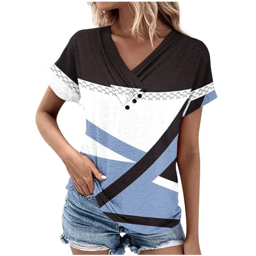 AMDOLE Blusa tipo túnica para mujer con estampado geométrico de bloques de color del Reino Unido, camisa de manga corta para primavera, formal, casual, holgada, con botones, decorada en verano, color