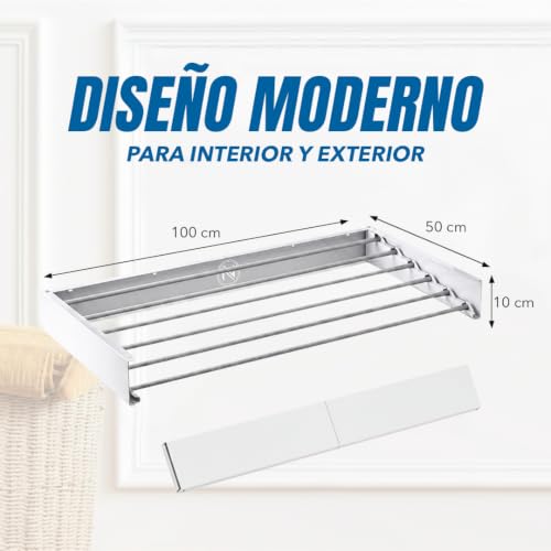 Miniatura 5 de N 18.28 Tendedero Extensible De Pared Retráctil Compacto, Ahorra Espacio, 35 Kg De Capacidad, 6 Varillas Plegable Para Interior O Exterior, 100cm Aluminio Y Acero Inoxidable Blanco