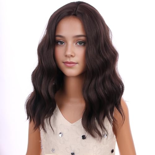 Image of PATTNIUM Kids Dark Brown Wig Girls Short Curly Wavy Brown Wig Child Mixed Brown Wig Cosplay Party Heat Resistant Synthetic Hair Wig