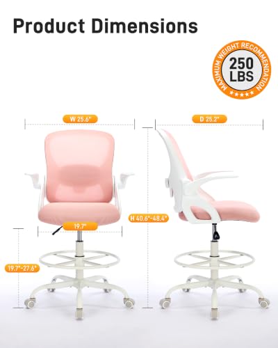 Image of LukkDys Drafting Chair with 4D Multi-Adjustable Backrest, Tall Office Chair 19.7 inch-27.6 inch Seat Height, Ergonomic Standing Desk Chair with Flip-up Arms, Foot Ring, Pink&White