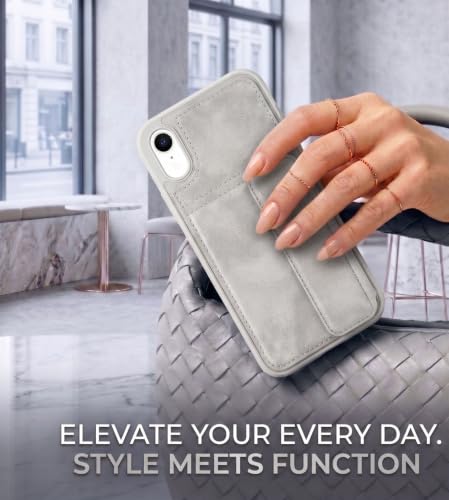 Image of amazon basics Luxury Vegan Leather Back Cover for iPhone XR | Built-in Card Holder Slot | Integrated Mobile Stand | Slim Shockproof Protective Case with Stitched Finish - Gray