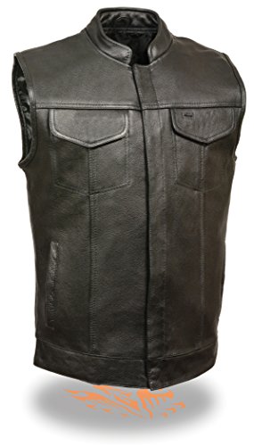 SOA Men's Basic Cowhide Leather Motorcycle Vest w/ 2 Inside Gun Pockets Open Collared Club Vest (XXXXX-Large)