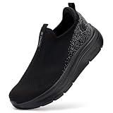FitVille Womens Slip On Shoes Wide Width Casual Hands Free Walking Shoes Lightweight Breathable Slip in Sneaker with Arch Support Flat Fit Plantar Fasciitis Black/Gray 8 Wide