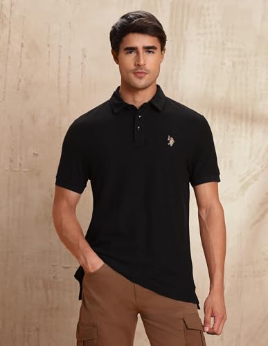 Image of U.S. Polo Assn. Denim Co. Black Textured Cotton Regular Fit Men's Polo Shirt