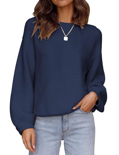 Image of ZESICA Women's Crew Neck Long Lantern Sleeve Fall 2026 Casual Loose Ribbed Knit Solid Soft Pullover Sweater Tops