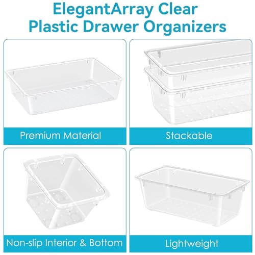 Image of ElegantArray 12 PCS Drawer Organizer Set, 4 Sizes Tool Storage Trays, Clear Plastic Makeup Vanity Organizer and Storage Bins for Makeup, Stationeries, Multiple Gadgets for Bathroom, Office, Bedroom