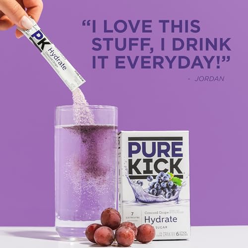 PURE KICK Hydration Singles to Go Drink Mix, Concord Grape, Includes 12 Boxes with 6 Packets in Each Box, 72 Total Packets
