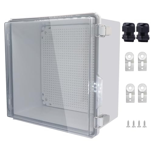 IP67 Waterproof Junction Box, ABS Plastic Electrical Enclosure with Stainless Steel Latch, Hinged Cover Electric Box with Mounting Plate, Wall Brackets &amp; Cable Glands 300x300x180mm